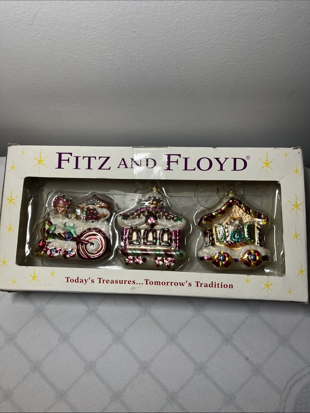 Fitz and Floyd quality hand-blown glass ornaments
Candyland train